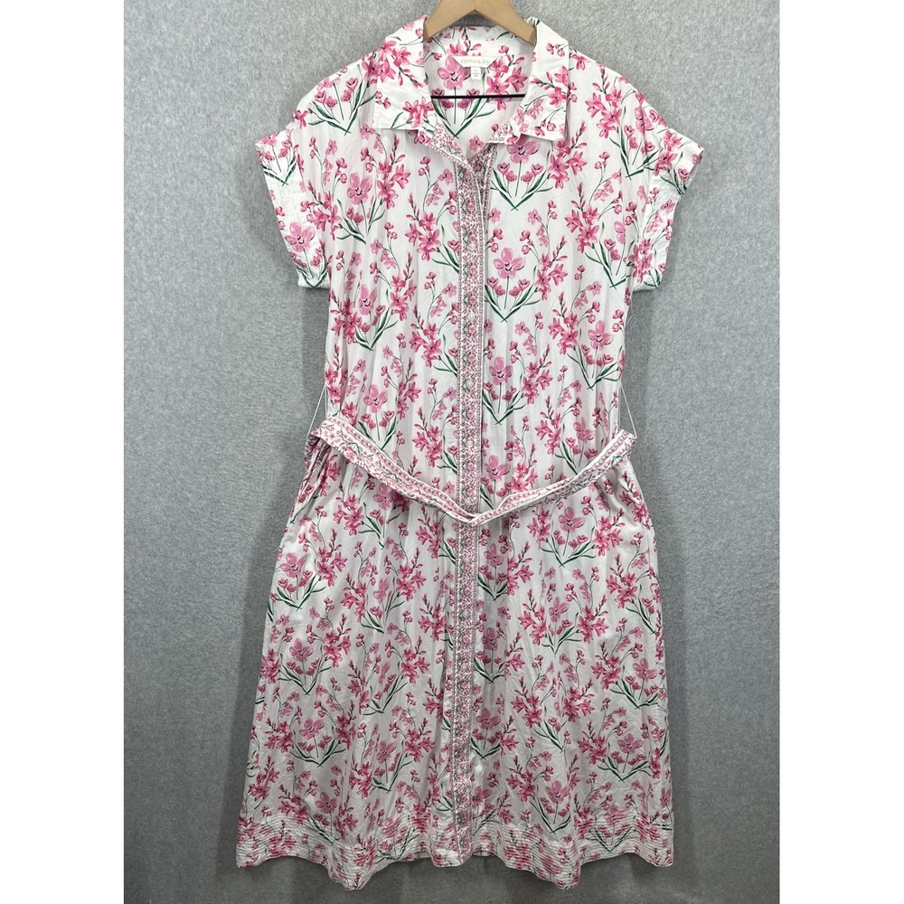 Crown & Ivy Shirt Dress Womens Large White Pink Floral Cotton Belted Midi EUC